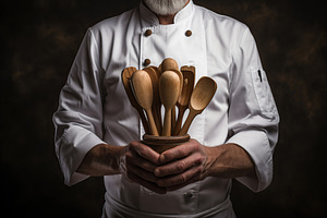 Chef holding wooden utensils, a Food & Drink Photo by AlyaAnd