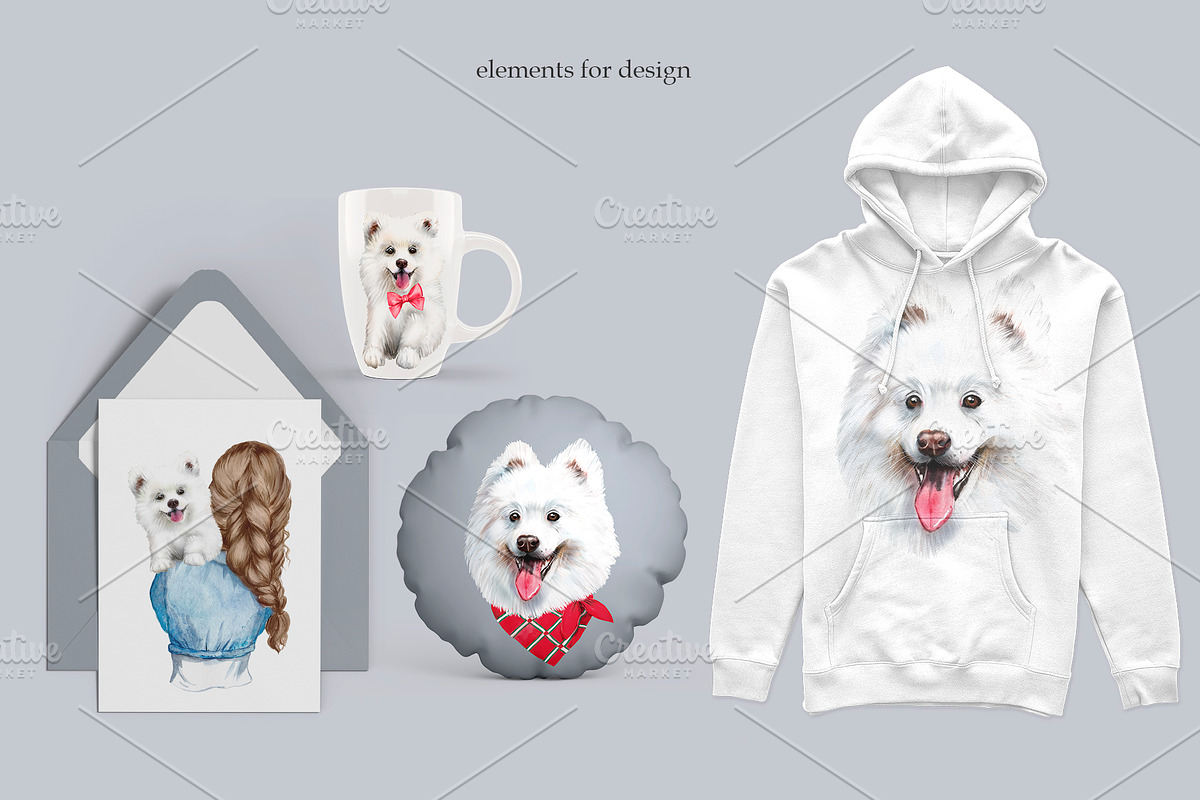 Samoyed dog watercolor clipart., an Animal Illustration by SavinV (Photo 5 of 6)