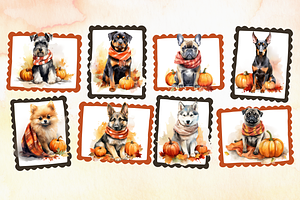 Fall Dogs With Pumpkins Watercolor