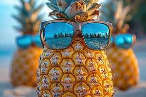 Pineapples wearing sunglasses at the beach during sunset create a playful tropi, a Photo by AlyaAnd