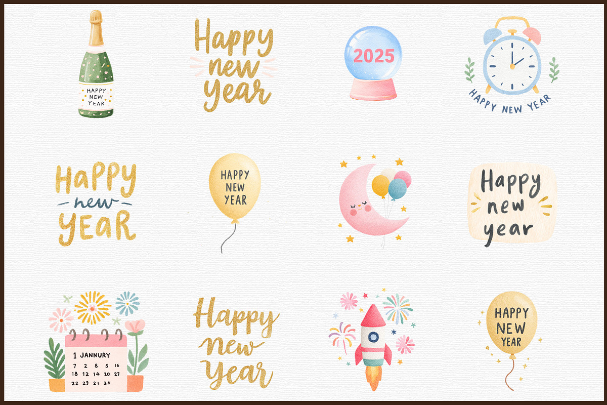 Watercolor Happy New Year Clipart, an Illustration by Sublimation Artist (Photo 3 of 6)