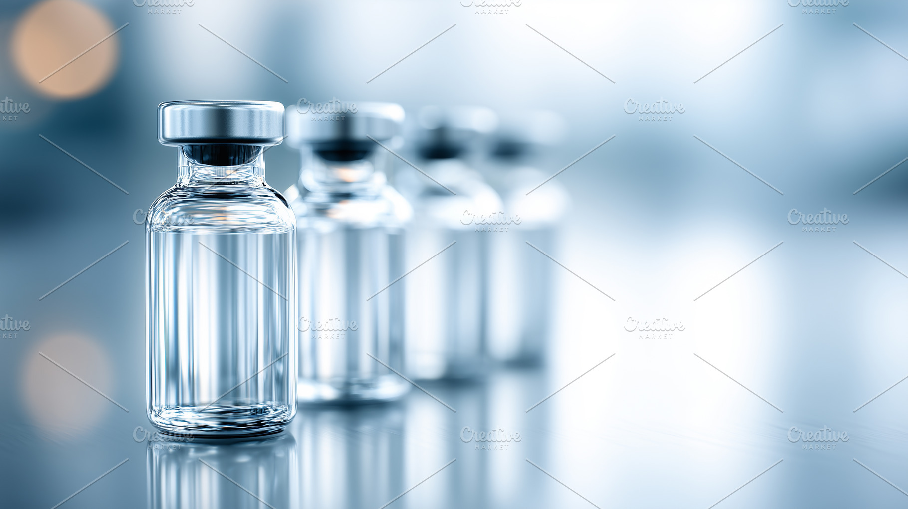 Row of clear glass medical vials, a Health & Medical Photo by MistyDay