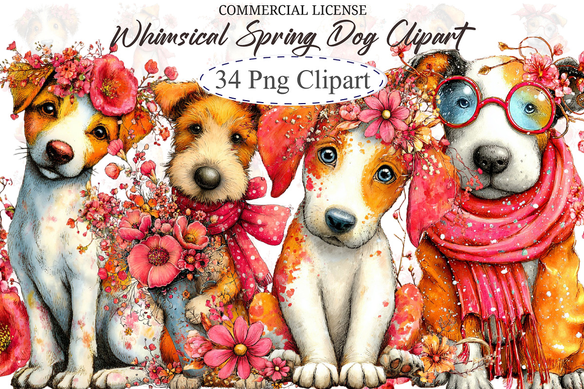 Whimsical Spring Dog Clipart, an Illustration by designcity5 (Photo 1 of 5)
