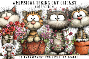 Whimsical Spring Cat Clipart, an Illustration by OK Design