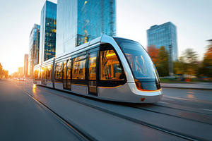 Modern tram in urban sunset scene, a Transportation Photo by AlyaAnd