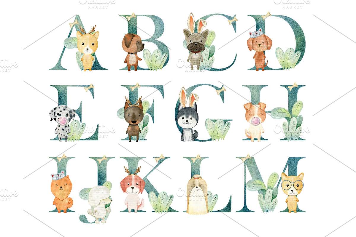 Watercolor alphabet with dogs., an Animal Illustration by TaPilipa (Photo 2 of 4)