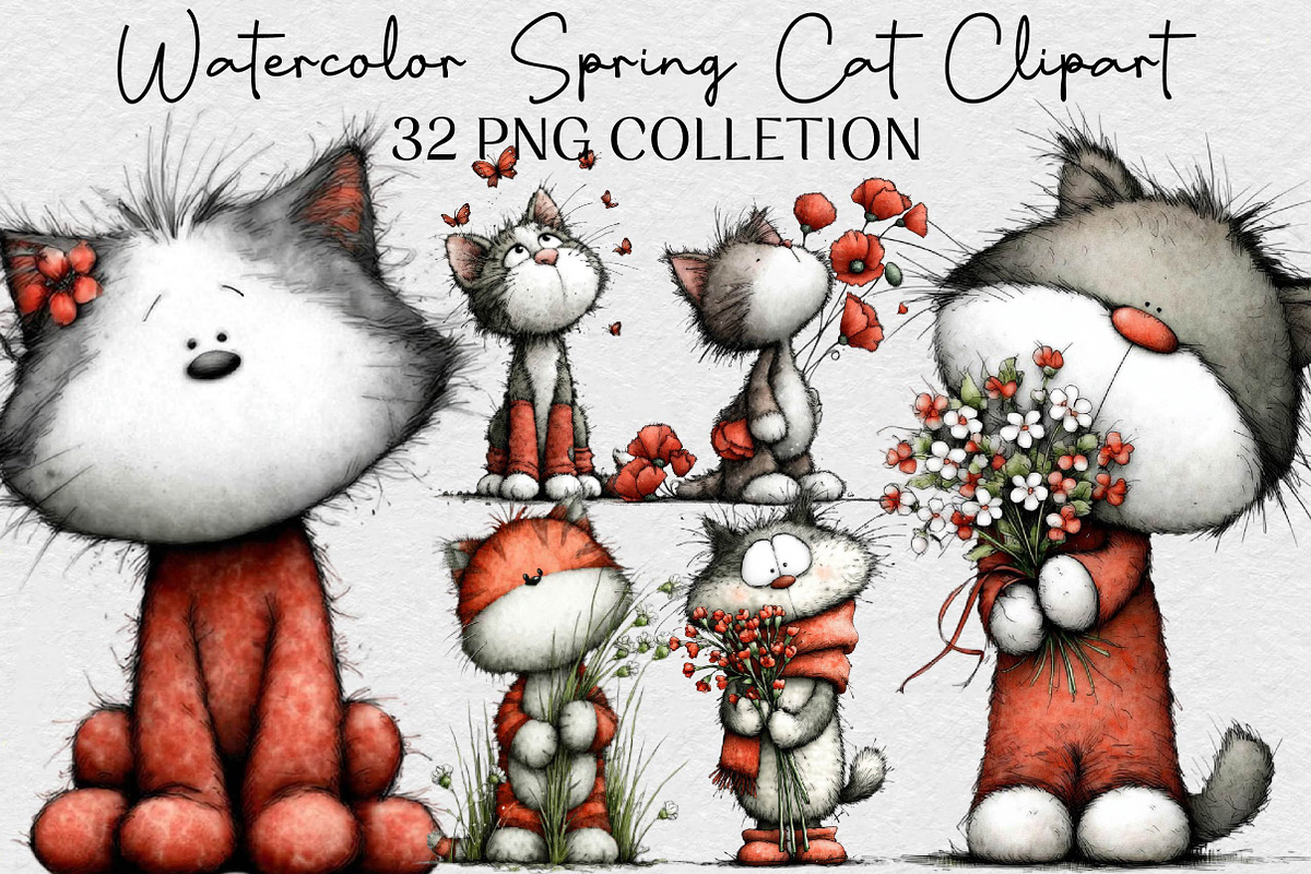Watercolor Spring Cat Clipart, an Illustration by DreamCafeArt (Photo 1 of 6)