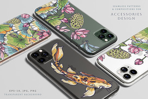 Lotus, Koi, Dragonflies. Vector Set