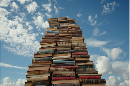Tower of books against blue sky, a School & Education Photo by Ylivdesign