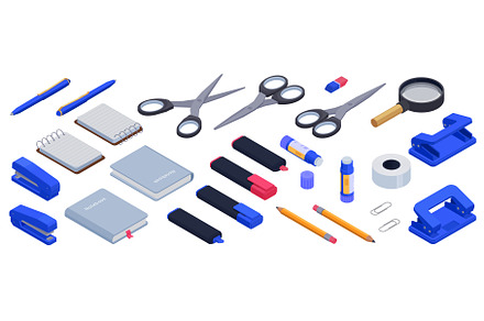 Isometric office school supplies, an Illustration by LadadikArt