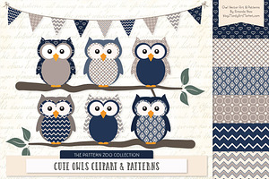 Owls Clipart & Patterns in Navy, an Animal Illustration by Amanda Ilkov
