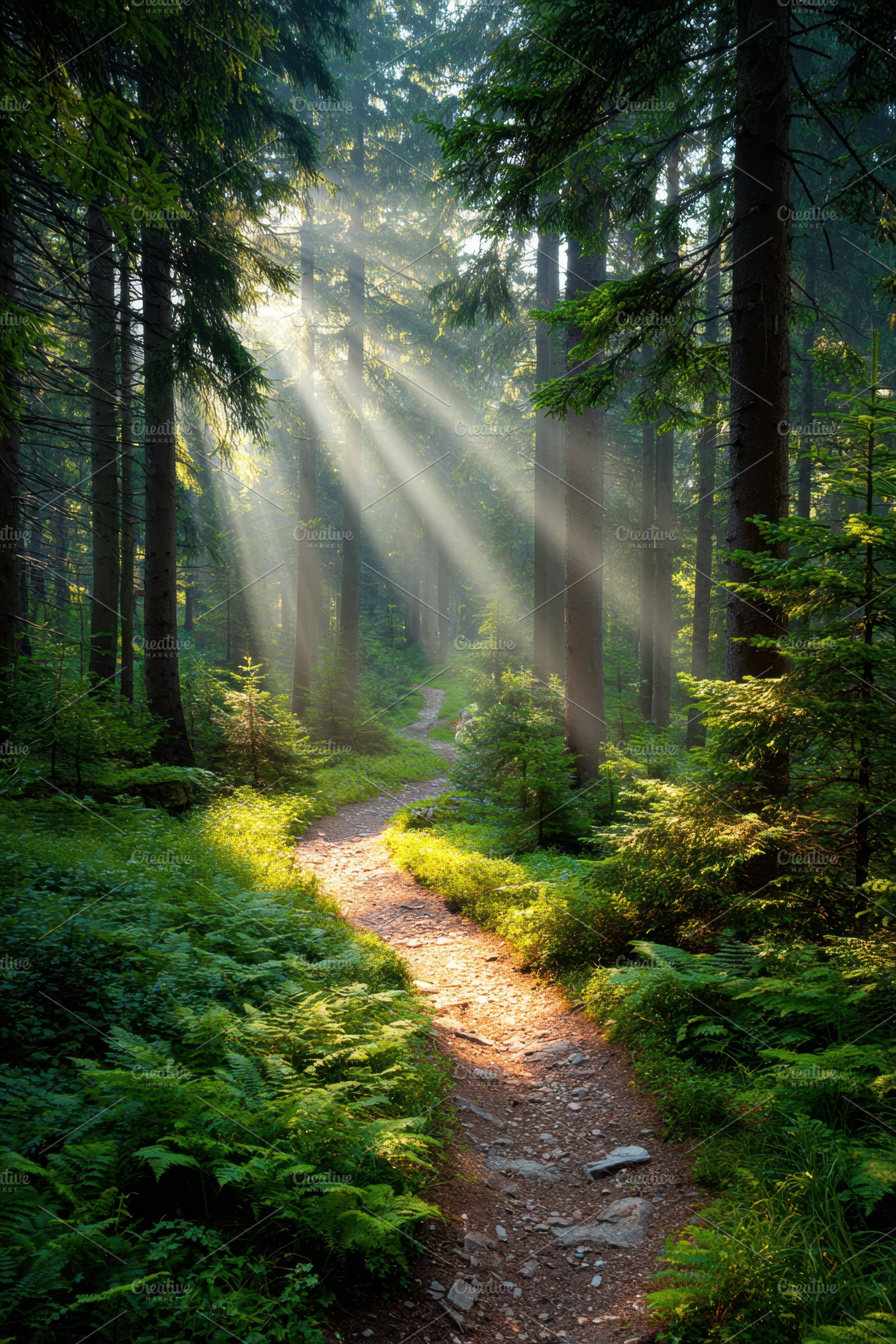 Sunlit forest path through lush greenery, a Nature Photo by AlyaAnd