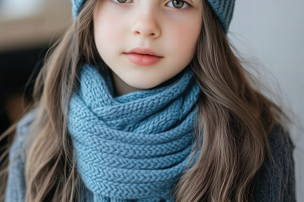 A young girl with long, wavy hair wearing a knitted blue hat and a matching sca, a Person Photo by Textures & Backgrounds