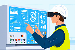 Worker in an industrial inside a factory uses AR glasses to acce, an Illustration by DanFLCreativo