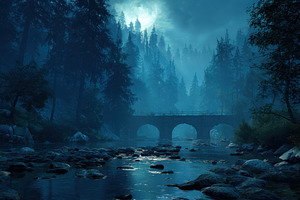 Stone bridge moonlight forest river, a Photo by Pixeness Studio