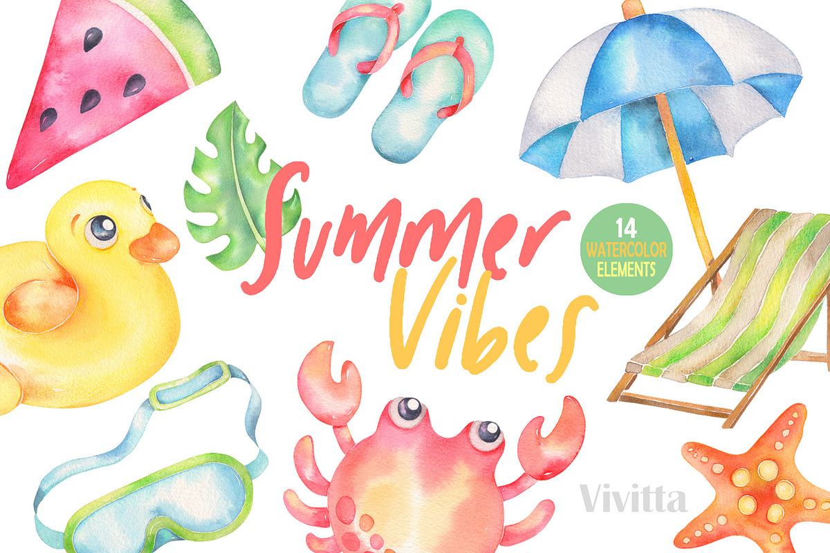 Watercolor Summer vibes, clipart, an Illustration by Vivitta (Photo 1 of 3)