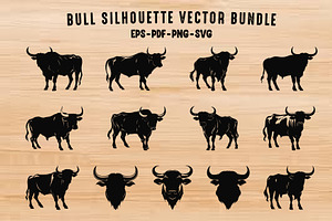 Bull Black Silhouettes Clipart Set, a Person Illustration by Gfx Expert Team