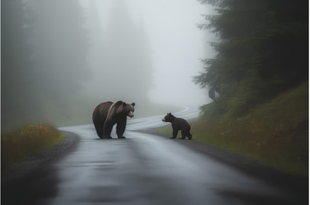 Bear cub road in fog. Generate Ai, an Animal Photo by Ylivdesign
