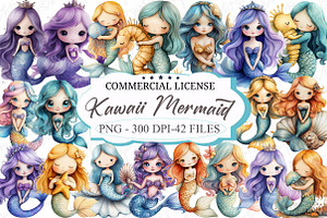 Kawaii Mermaid Clipart, an Illustration by designcity5