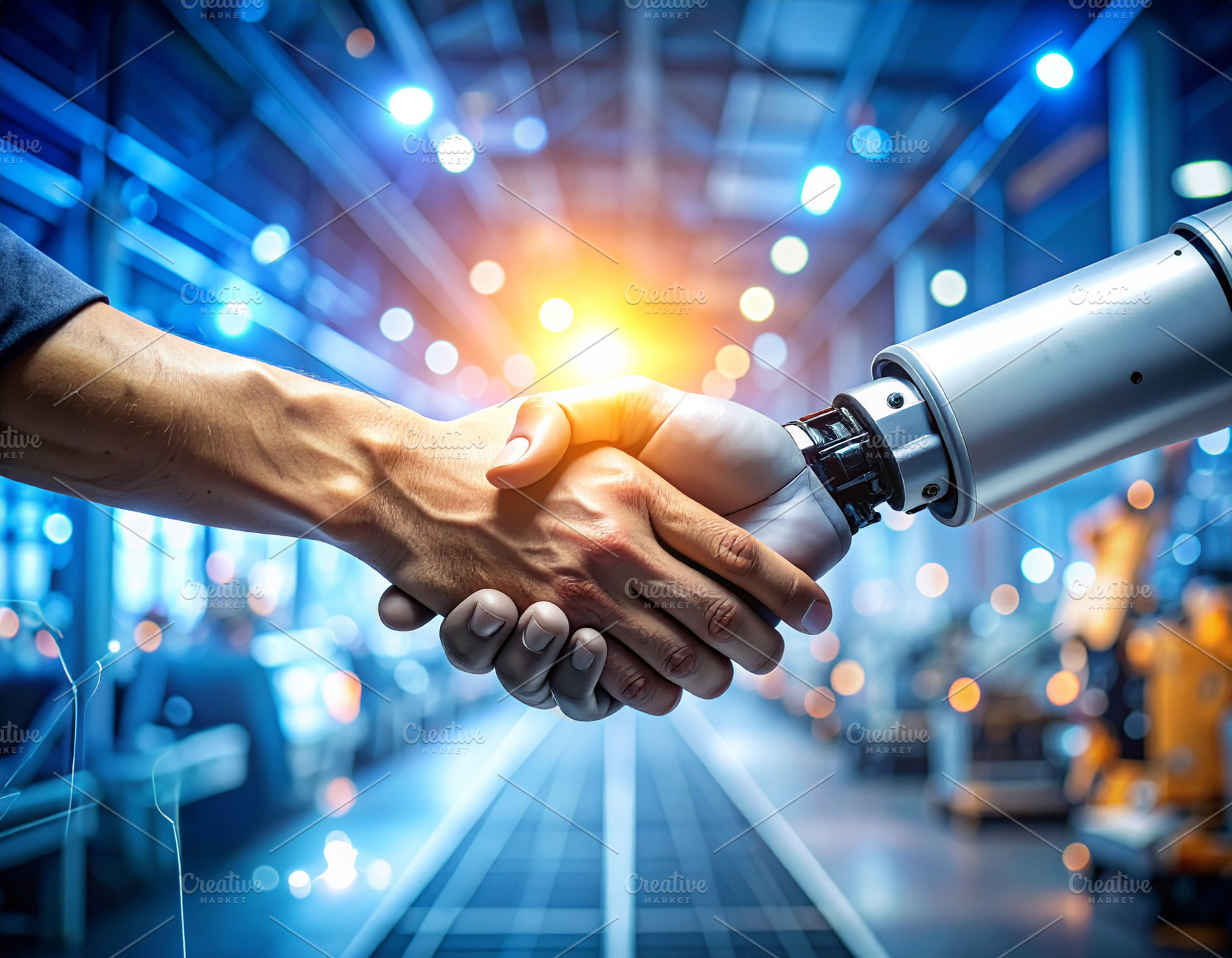 Human hand and a sleek robotic hand meeting above a factory big, a Technology Photo by DanFLCreativo