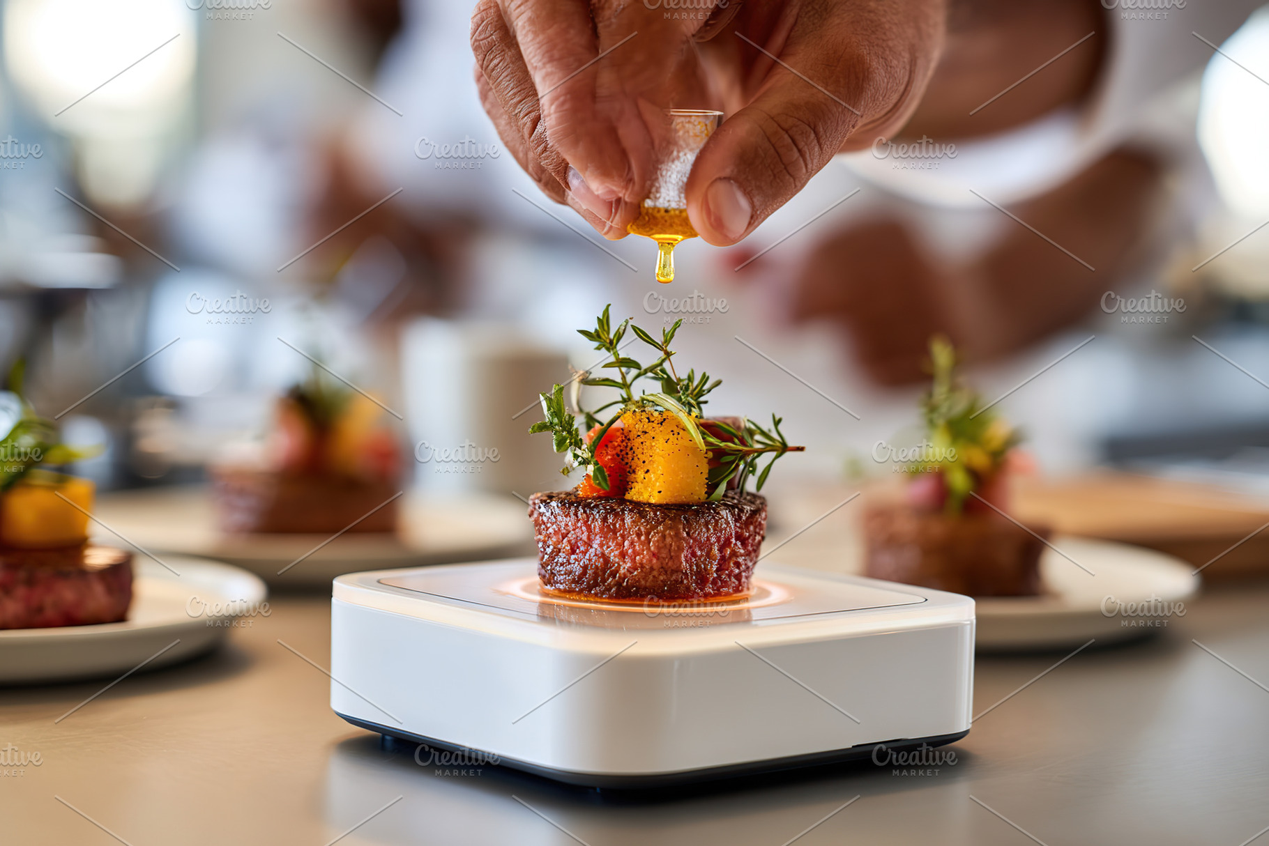 Plating a vibrant veggie steak with precision in a modern culinary setting, a Food & Drink Photo by AlyaAnd