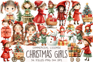 Watercolor Christmas Girls Clipart, an Illustration by OK Design