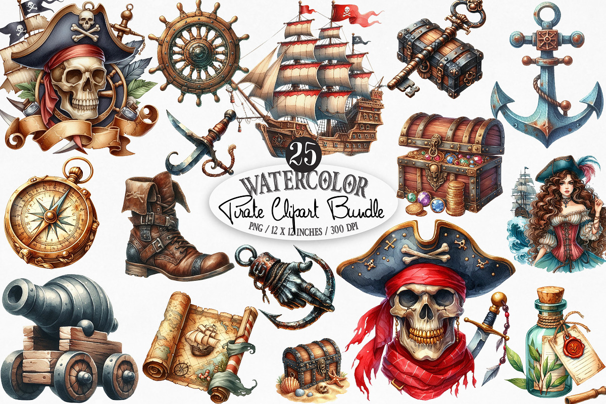 Watercolor Pirate Clipart Bundle, an Illustration by Designking (Photo 1 of 4)