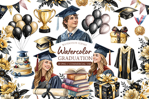 Watercolor Graduation Clipart Bundle, an Illustration by MockupWizard