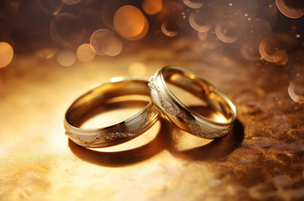 Wedding rings on golden background w, a Photo by Iftikhar Alam
