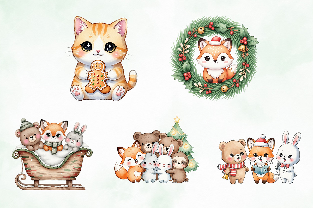 Kawaii Vintage Christmas Animals Png, an Illustration by Creative Art (Photo 8 of 9)
