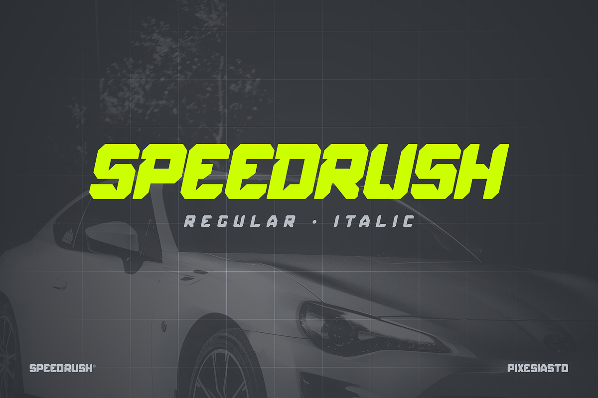 Speed Rush - Race Display Font, a Font by Pixesia Studio (Photo 1 of 13)