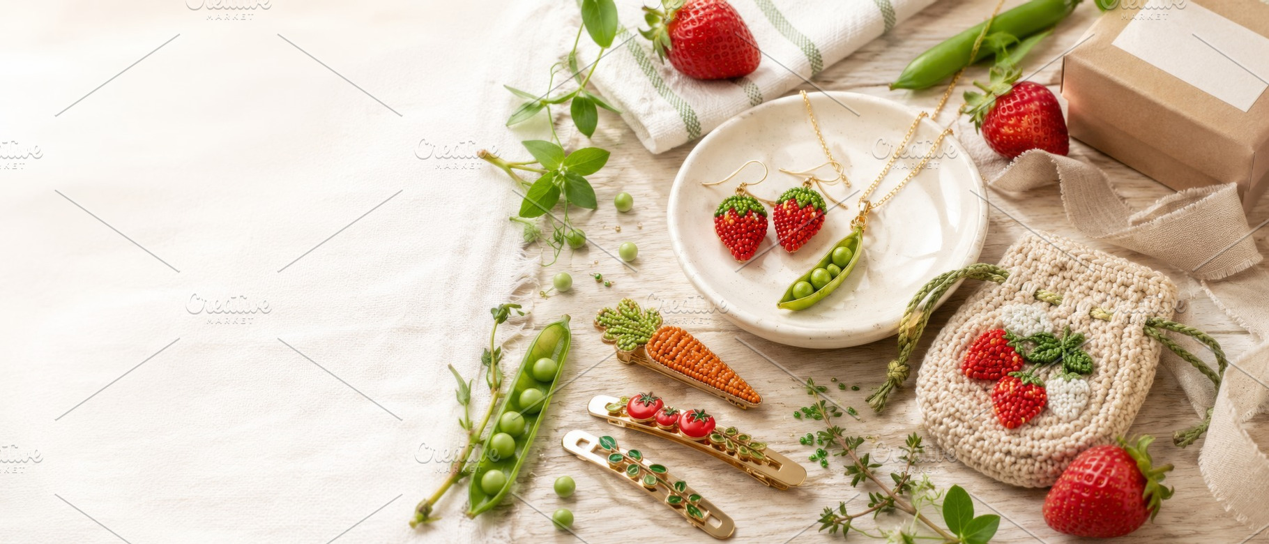 Strawberry and pea-themed accessorie, a Photo by Dvoevnore photos