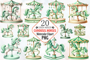 Green Nursery Carousel Horses Clipar, an Illustration by RobertsArt