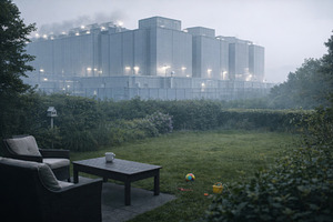Data center under cloudy sky with garden in foreground, a Photo by Dvoevnore photos