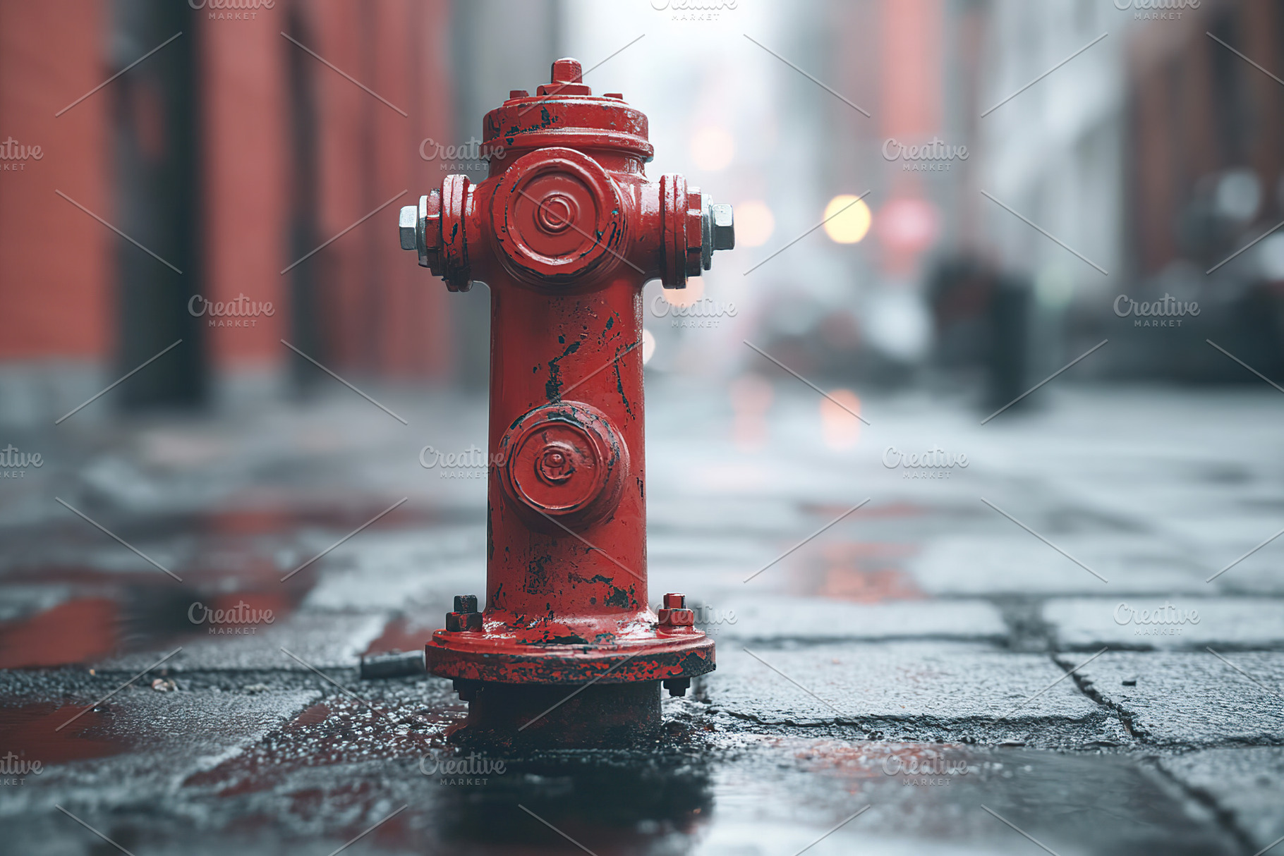 Red fire hydrant on city street, an Industrial Photo by AlyaAnd