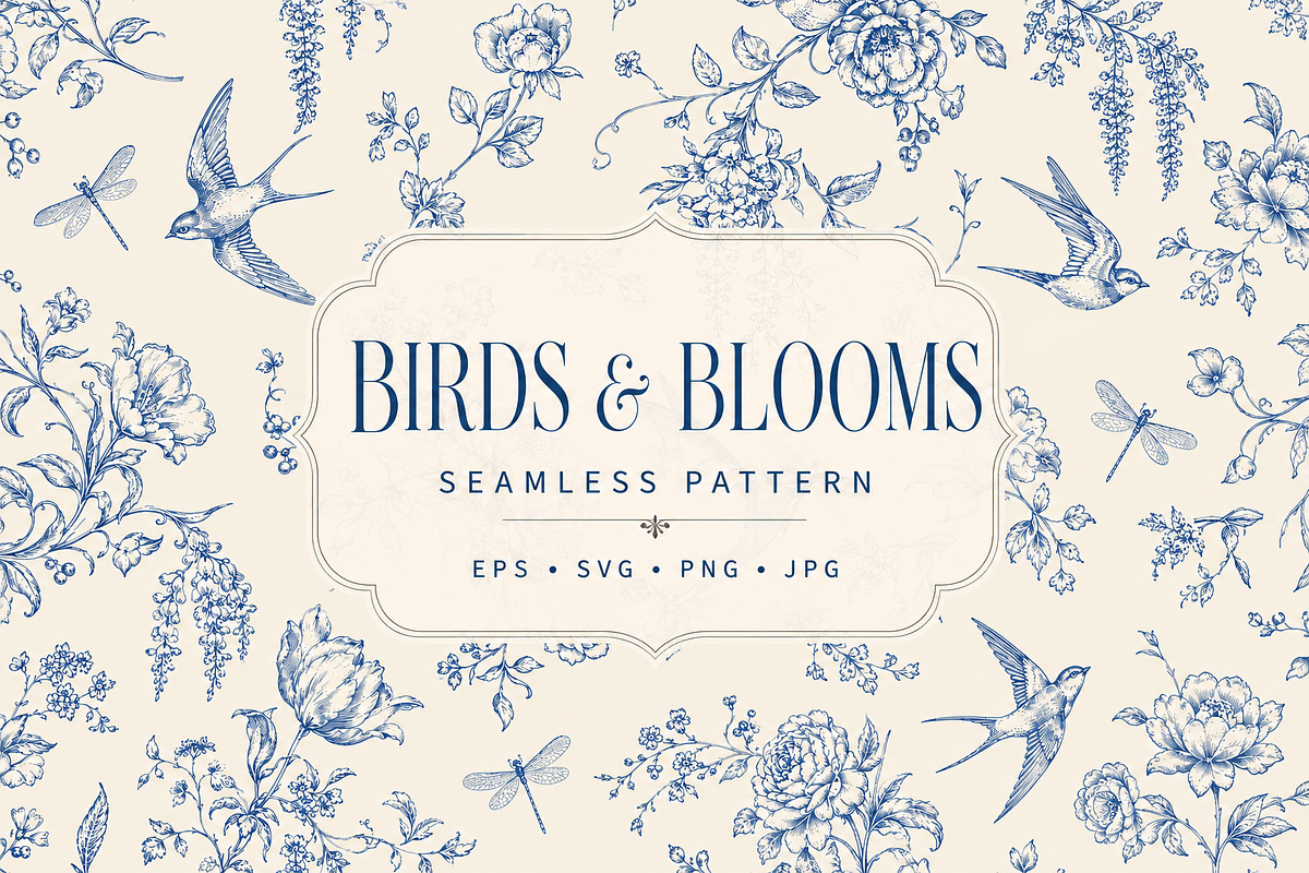 Birds & Blooms Vintage Toile Pattern, an Object Graphic by Olya Creative (Photo 1 of 6)