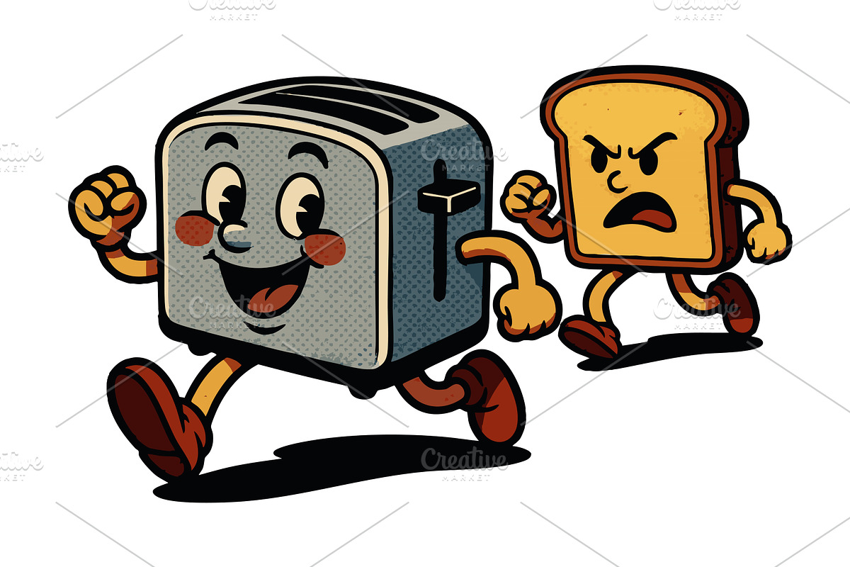 Angry toast chasing happy toaster, a Food Illustration by AlexArt