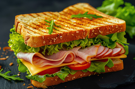 Toast sandwich with cheese, turkey ham, tomato and fresh lettuce, a Food & Drink Photo by AlyaAnd