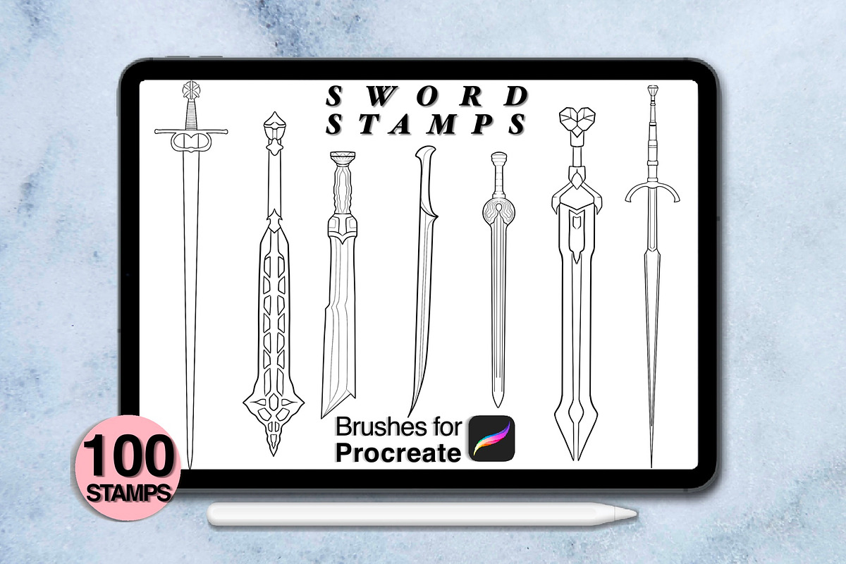 100 procreate sword stamps, a Brush Add-On by Arts For Peace (Photo 5 of 9)