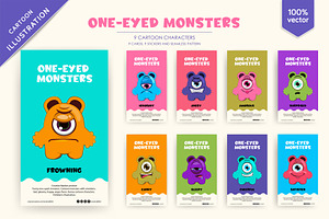 9 Funny One-eyed monsters. Art., an Animal Illustration by KENO Mascots