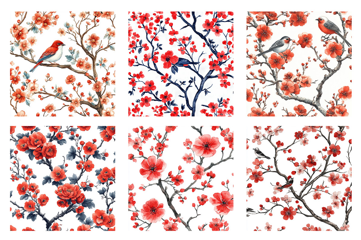 Red Chinoiserie Life Digital Paper, a Pattern Graphic by SinaCreation (Photo 3 of 5)