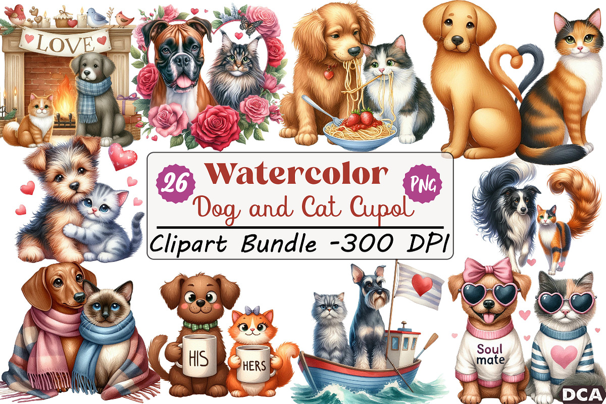 Watercolor Dog and Cat Cupol  Clipar, an Illustration by DreamCafeArt (Photo 1 of 7)