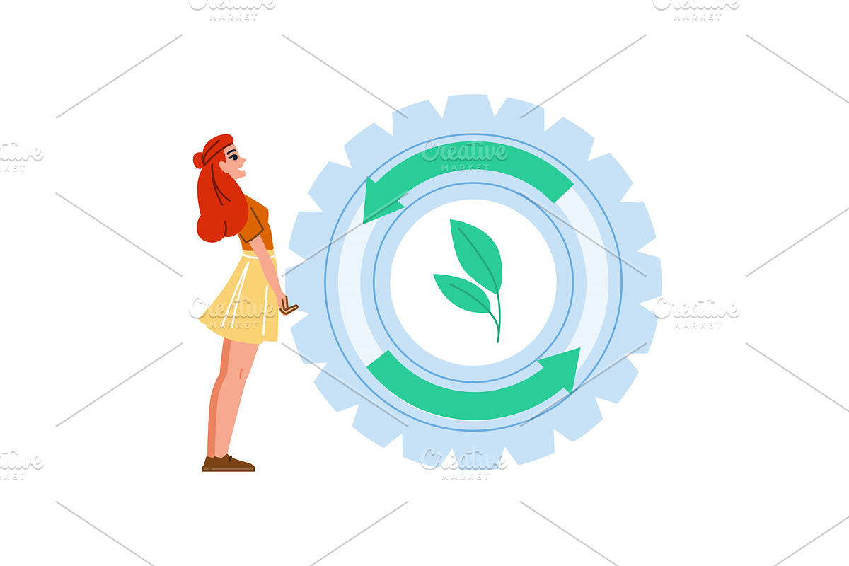Woman watching rotating gear with, a Technology Illustration by pikepicture