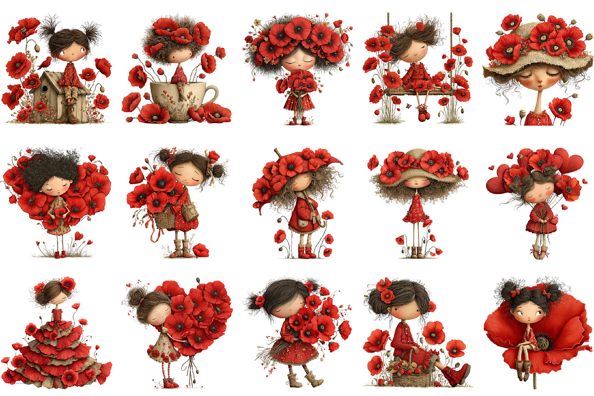 Whimsical Enjoy Poppy Girl Clipart, a Seasonal Illustration by designcity5 (Photo 2 of 5)