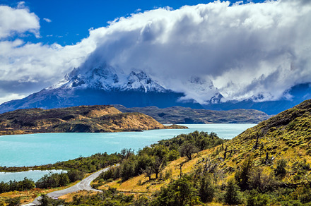 Los Cuernos are covered with snow