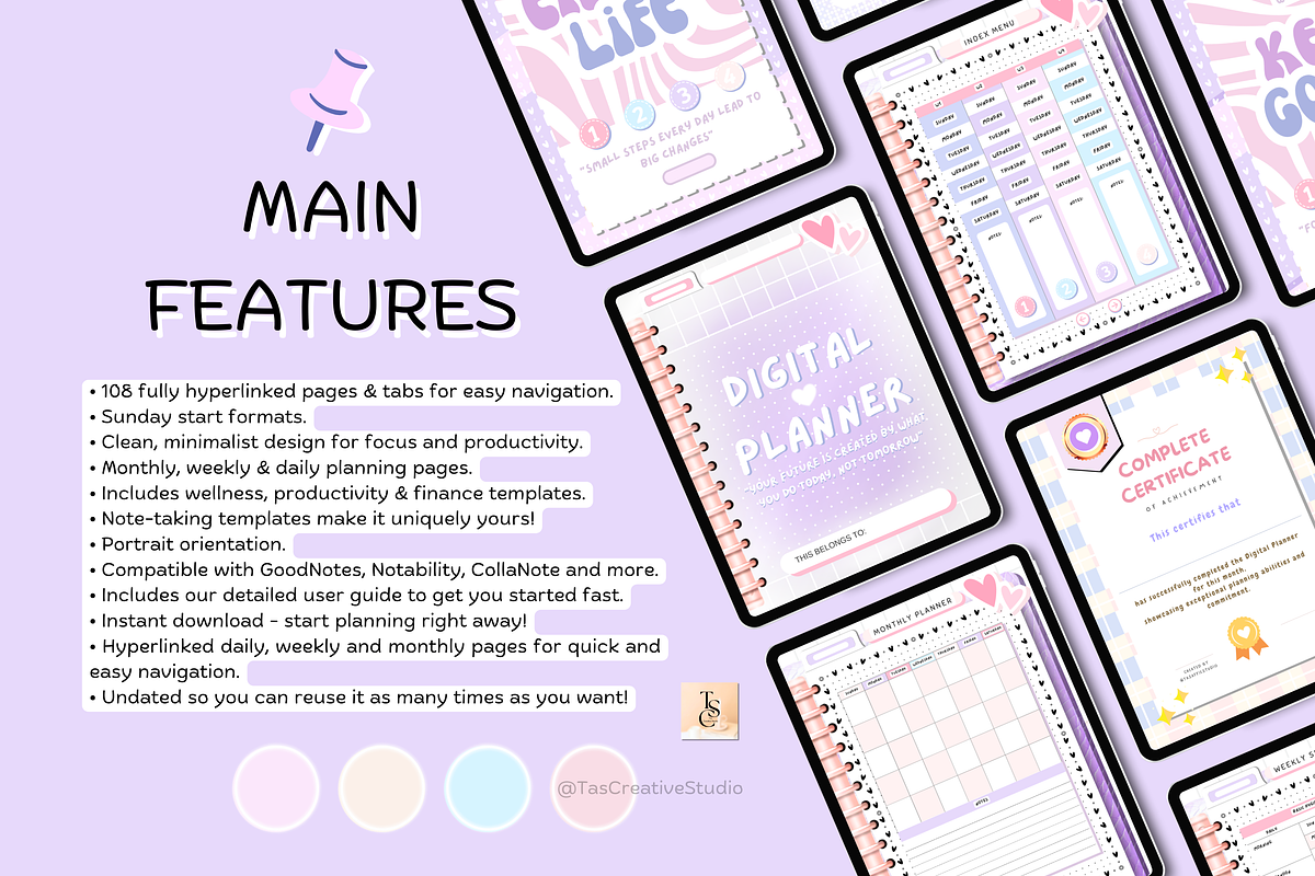 Portrait Purple Digital Planner, a Stationery Template by Tas Creative Studio (Photo 4 of 12)