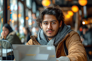 Young Hispanic man with curly hair working on a laptop in a cozy, a Person Photo by ImageMir