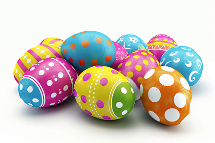 Colorful painted decorated easter eggs on white background, a Holiday Photo by AlyaAnd