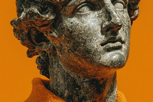 Close Up of Classical Marble Statue in Orange Shirt Against Vibr, a Person Photo by José Manuel Gelpi