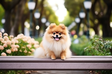 Pomeranian spitz sitting on bench in the park, an Animal Photo by AlyaAnd